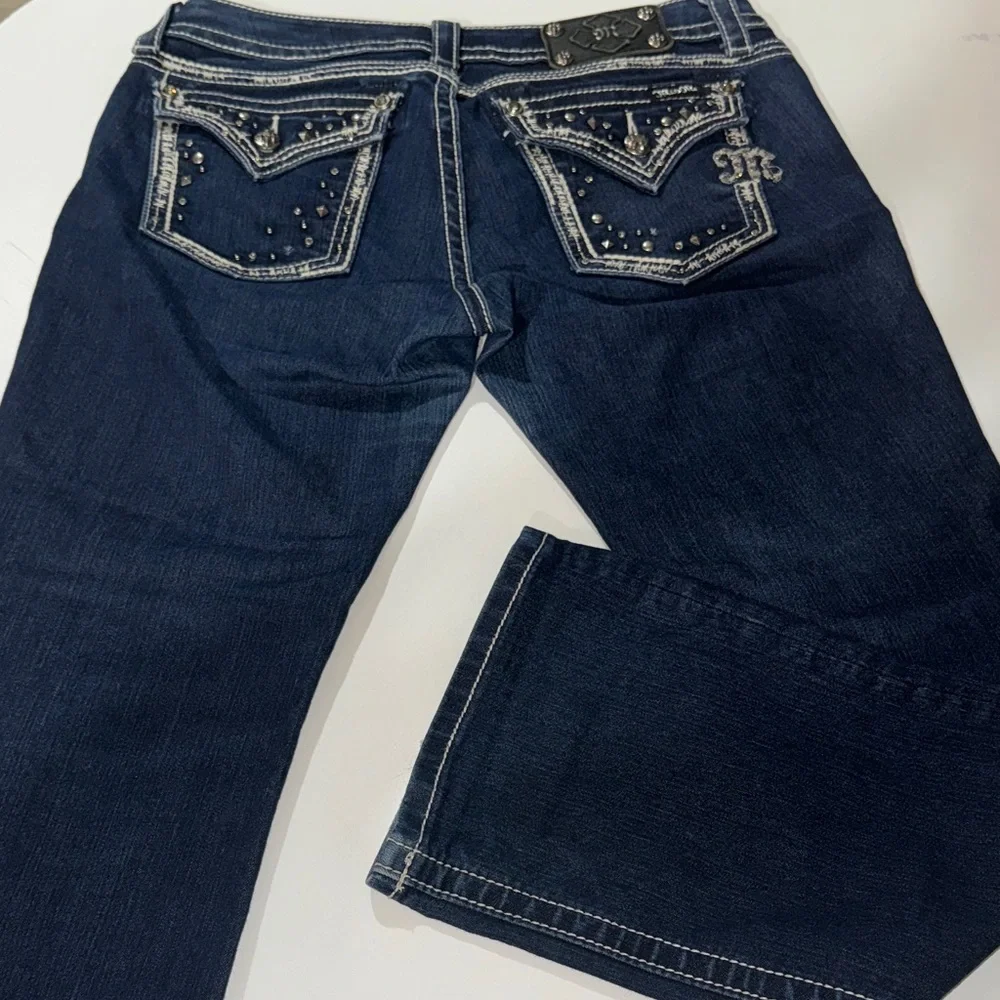 MISS ME Dark Indigo Easy Boot Cut‎ Jeans 29 Bedazzled Dark Blue Denim Rhinestone